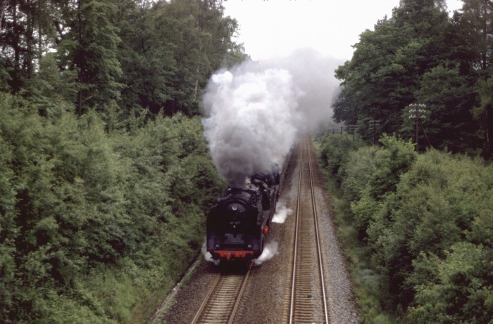 01&nbsp;137 + 03&nbsp;001 Sonderzug hinter Langebrück, am 20.06.1982