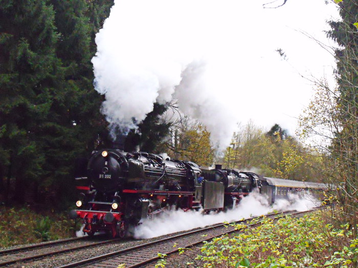 01&nbsp;202 + 01&nbsp;150 mit IGE-Sonderzug DPE&nbsp;25045 (8 Schnellzugwagen) mit herrlich klassisch lautem Krach den Berg empor, auf der Schiefen Ebene vor Marktschorgast (bei km&nbsp;81,0) um 11:54h am 09.11.2013
