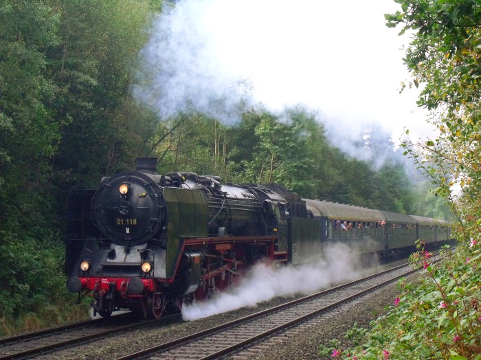 01&nbsp;118 mit Pendelzug auf der Schiefen Ebene von Neuenmarkt nach Markstschorgast, vor Marktschorgast im Wald (bei km&nbsp;80,7) um 10:20h am 20.09.2014