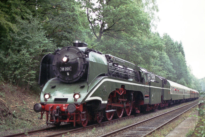 18&nbsp;201 vor Sonderzug (DPE 92028) abwärts fahrend auf der Schiefen Ebene, morgens am 20.09.2008