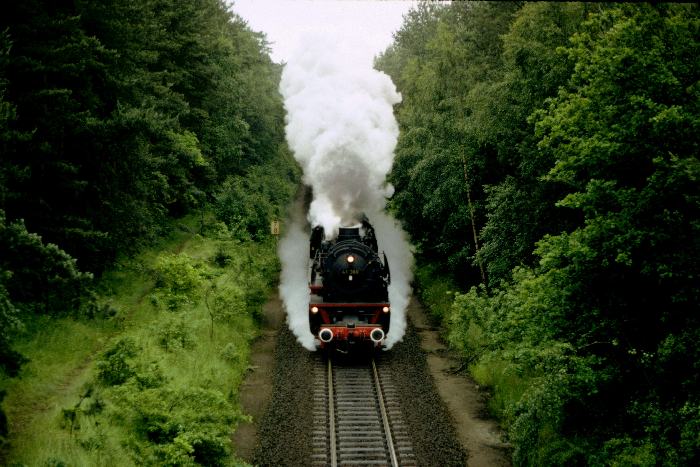 41&nbsp;360 mit Sonderzug E&nbsp;27316 Hamburg&rarr;Puttgarden, nördlich von Bad Schwartau, um 9:41h am 28.06.1987