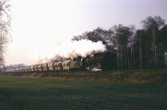 41&nbsp;1025 mit Silowagenzug bei Lenz, 02.12.1982