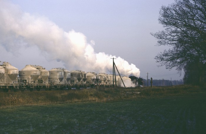 41&nbsp;1025 mit Silowagenzug bei Lenz, 02.12.1982