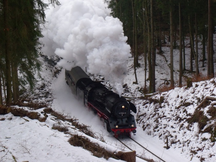 41&nbsp;1144 mit dem RE Rodelblitz (Eisenach -> Arnstadt) in heftigster Lautstärke und ungewohnt hohem Tempo durch den Wald-Einschnitt vor Altersbach, Strecken-km 15,9, um 10:16h am 11.02.2017