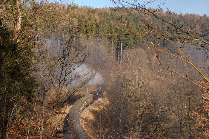 41&nbsp;1144 mit Rodelblitz (Eisenach&rarr;Arnstadt), in der großen Kurve vor Altersbach, um 12:00h am 28.01.2024