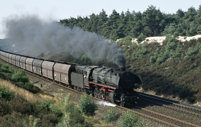 043&nbsp;100 leerer Erzwagenzug ->Emden, im Lathener Einschnitt, am 14.08.1976