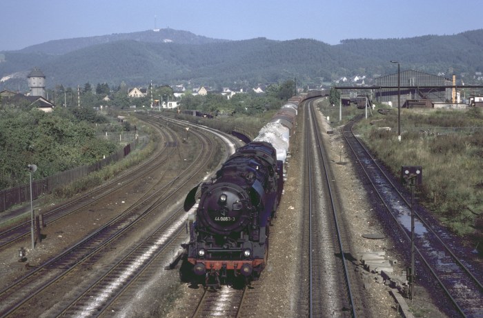 44&nbsp;0663 Gz aus Unterwellenborn einfahrend Saalfeld, 08.10.1978