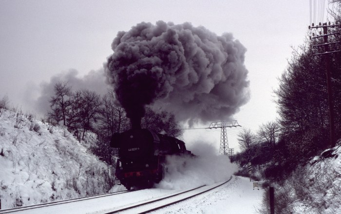 44&nbsp;0231 Erzzug Richtung U-Born im Einschnitt hinter Saalfeld, am 10.01.1981