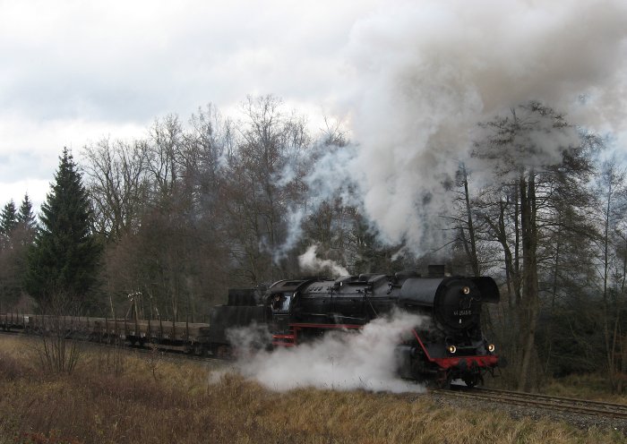 44&nbsp;2546 mit Hackschnitzel-Spezialgüterzug Dgz&nbsp;64863 Bergfahrt zwischen Greiselbach und Fremdingen, 12:30h, 23.11.2009