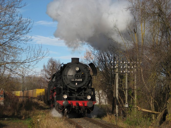 44&nbsp;2546 mit Hackschnitzel-Spezialgüterzug Dgz&nbsp;64863 an der Einfahrt von Nördlingen, 13:00h am 23.11.2009