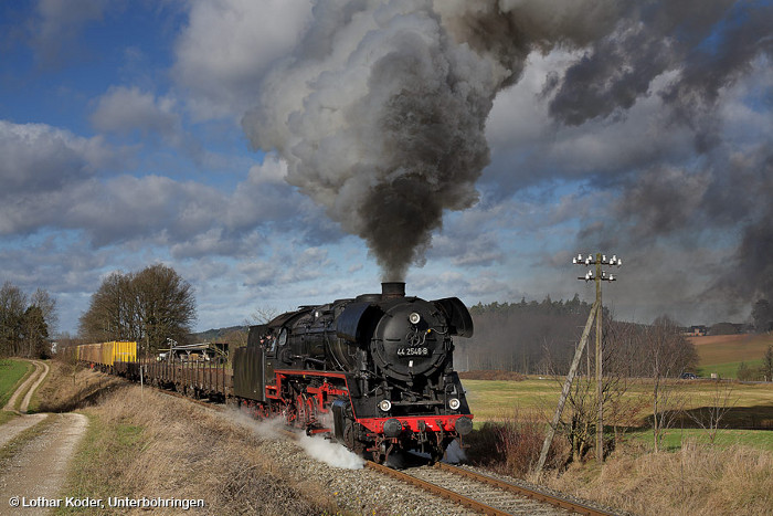 44&nbsp;2546 mit Hackschnitzelwagen-Sondergüterzug Dzg&nbsp;64863 hinter Wildburgstetten, 23.11.2009
