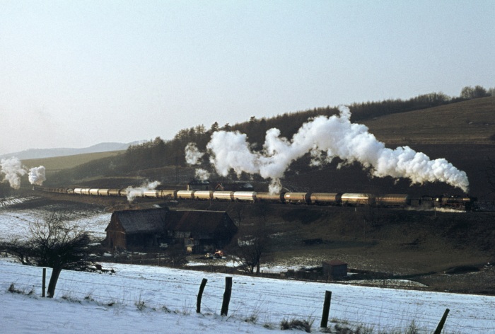 050&nbsp;737 vorn, Schub: 044&nbsp;195, Güterzug bei Bartolfelde, 19.03.1976
