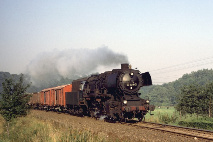 50&nbsp;3014 Güterzug aus Döbeln, vor Nossen, am 21.08.1978