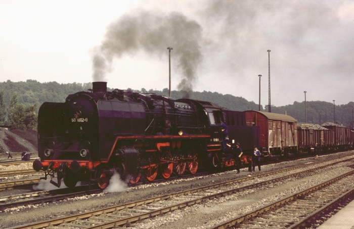 50&nbsp;1002 mit Gz aus Meißen angekommen in Nossen, 24.08.1982
