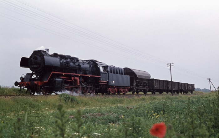 50&nbsp;0064 mit Nahgüterzug bei Hornstorf, 17.06.1977
