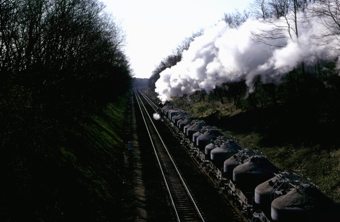 50&nbsp;0070 mit Silowagenzug bei Reckenzin, 20.02.1978
