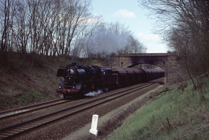 50&nbsp;0052 mit Ganzzug unter der Brücke bei Reckenzin, 03.05.1980