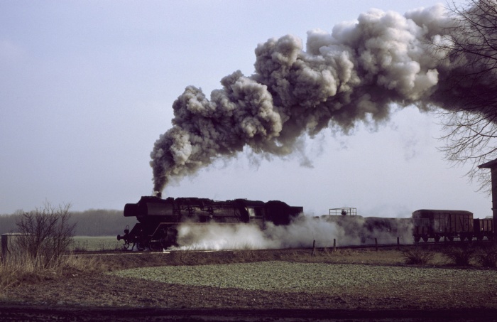 50&nbsp;3637 mit Güterzug Ausfahrt Klein Warnow, 18.02.1984