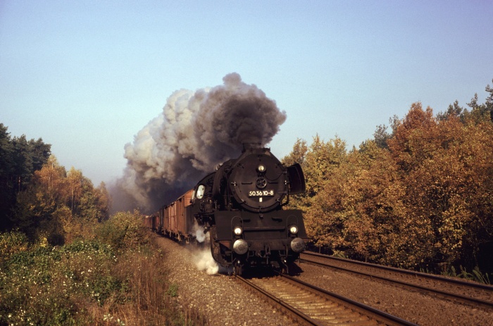 50&nbsp;3610 mit Dg&nbsp;53803 am Dallminer Bahnübergang vor Karstädt, 31.10.1984
