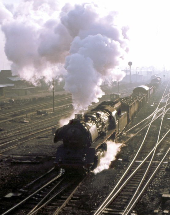 50&nbsp;3562 mit Nahgüterzug Ausfahrt Bahnhof Halberstadt, im März 1979
