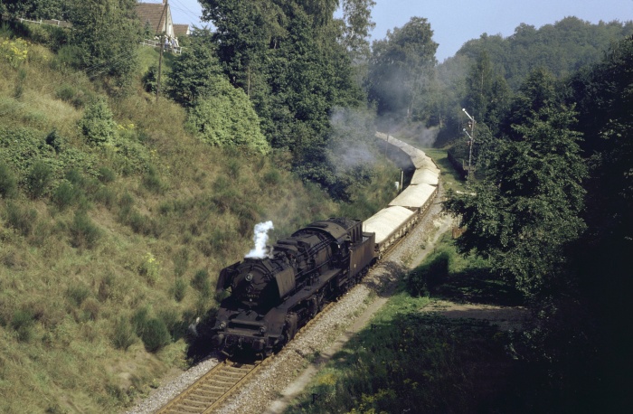 50&nbsp;3697 mit Sandzug Gag&nbsp;56353 Einfahrt Wechselburg, 29.08.1983