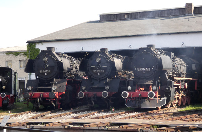 50&nbsp;0072 neben 50&nbsp;3600 und 52&nbsp;3548 sowie weiteren Lokomotiven ausgestellt im Bw Nördlingen, fotografiert um 8:52h am 20.05.2023