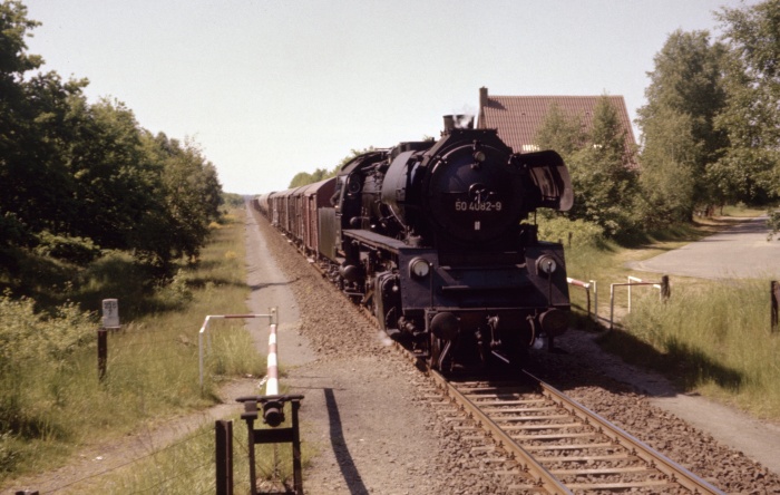 50&nbsp;4082 Güterzug Richtung Schwanheide hinter Büchen, am 07.06.1975