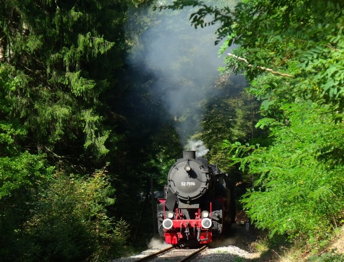 52&nbsp;7596 mit Zug Schorndorf-Welzheim im Wald oberhalb von Laufenmühle bei km&nbsp;17,7, um 13:29h am 28.09.2014