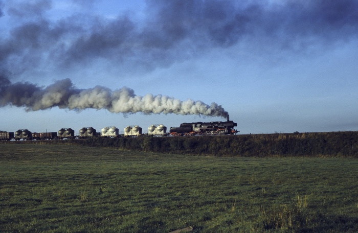 52&nbsp;8150 mit Güterzug nach Weferlingen Ausfahrt Höringen, 29.09.1982