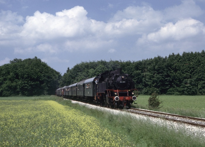 64&nbsp;289 mit Sonderzug nach Gerstetten zwischen Gussenstadt und Gerstetten an dem Wald “Kickethau”, um 11:42h am 16.06.1996