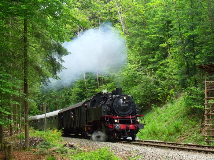 64&nbsp;419 allein mit dem Zug nach Welzheim im Wald oberhalb von Laufenmühle (km&nbsp;18,2), am Pfingstmontag auch mit sehr gutem Sound, um 10:20h am 25.05.2015