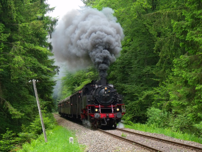 64&nbsp;419 mit Zug nach Welzheim mitten im Wald zwischen Laufenmühle und Breitenfürst (km 18,5), um 13:20h am 25.05.2015