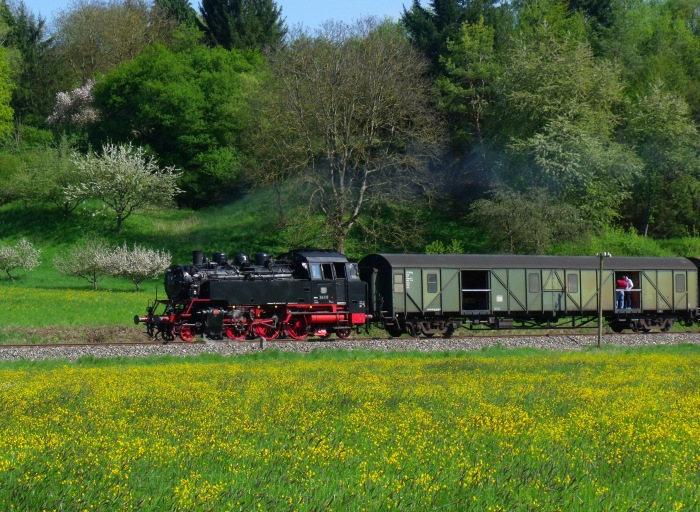 64&nbsp;419 wird selbst völlig lautlos von der V60 aus Miedelsbach mit einer unglaublichen Beschleunigung und Qualmwolke (der V60!!) hinterm Sportplatz mit Zug nach Welzheim an den schön bunten Wiesen vorbei auf Streckenhöchstgeschwindigkeit geschoben, was....zum Glück auf dem Foto gar nicht stört. Sieht ja auch richtig schön aus. Fotografiert um 16:11h am 05.05.2016