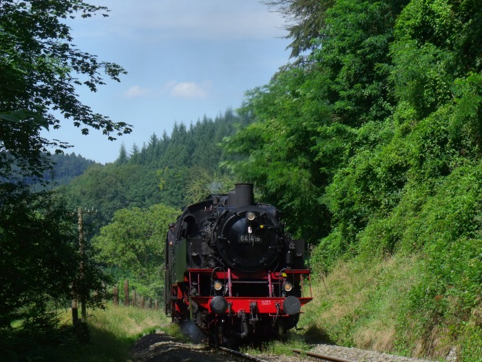 64&nbsp;419 mit Zug Schorndorf&rarr;Welzheim, hinter Steinbach und dem Strümpfelbachtal-Viadukt, um 13:07h am 14.08.2016