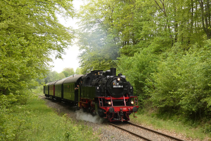 64&nbsp;518 mit Zug Amstetten&rarr;Gerstetten im  Wald am mittleren Benzwang, aufgenommen etwa 20m gleich hinter dem Lokschuppen im Depot, wo... zu dieser Zeit darin die defekte 75&nbsp;1118 erspäht werden konnte..., um 12:41h am 09.05.2024