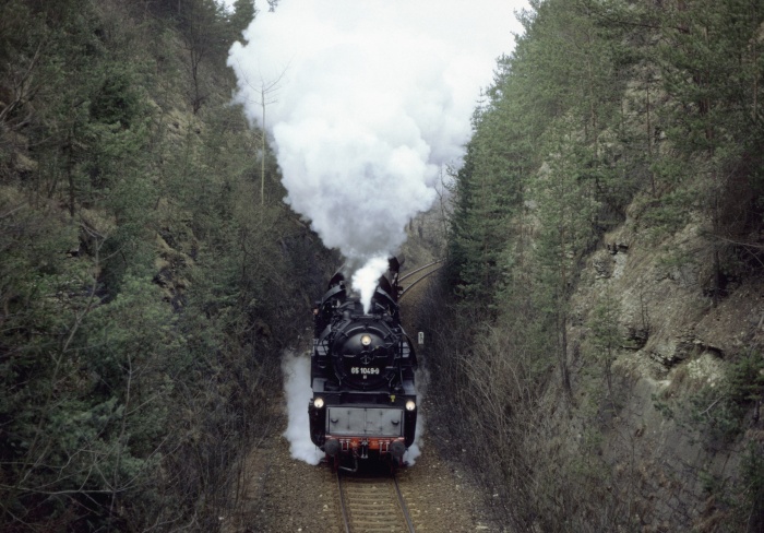65&nbsp;1049 mit Üg&nbsp;67513 nach Ilmenau, im Einschnitt bei Angelroda, am 18.03.1993