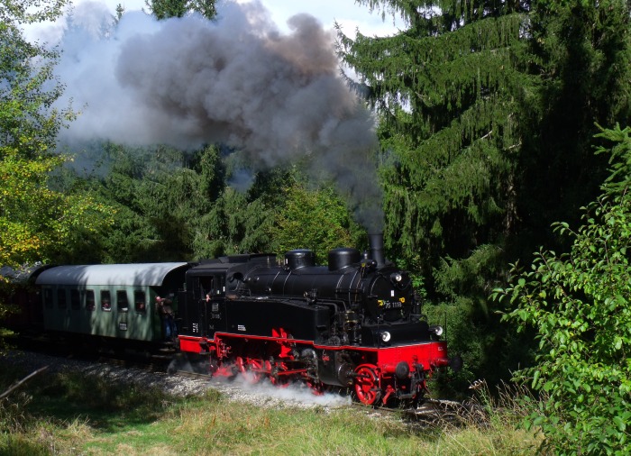 75&nbsp;1118 mit mittäglichen Zug Amstetten&rarr;Gerstetten, in der Steigung im Amstettener Wald am &bdquo;Benzwang&ldquo;, um 12:45h am 09.10.2016
