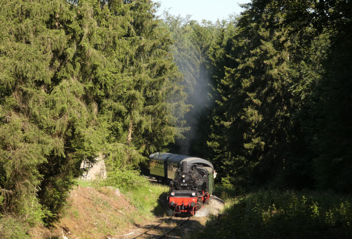 75&nbsp;1118 mit morgendlichem Zug Amstetten&rarr;Gerstetten, in der Steigung im Amstettener Wald am &bdquo;Benzwang&ldquo;, um 9:58h am 19.07.2020