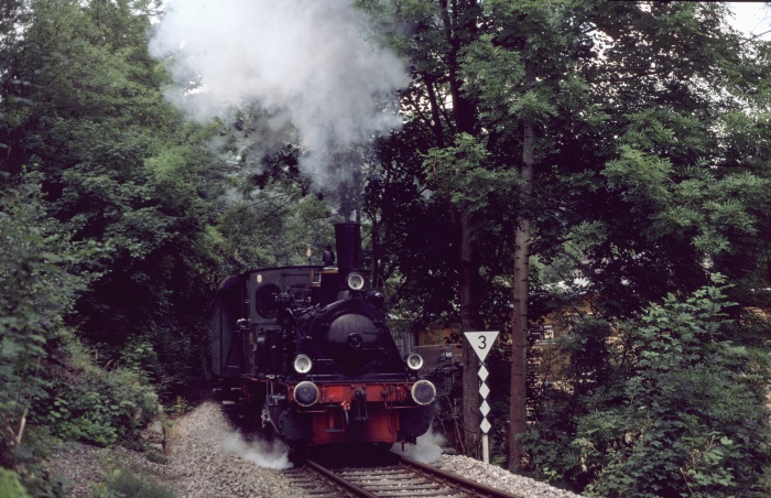 BADENIA mit Zug aus Achern an der Einfahrt von Ottenhöfen, am 11.07.2004