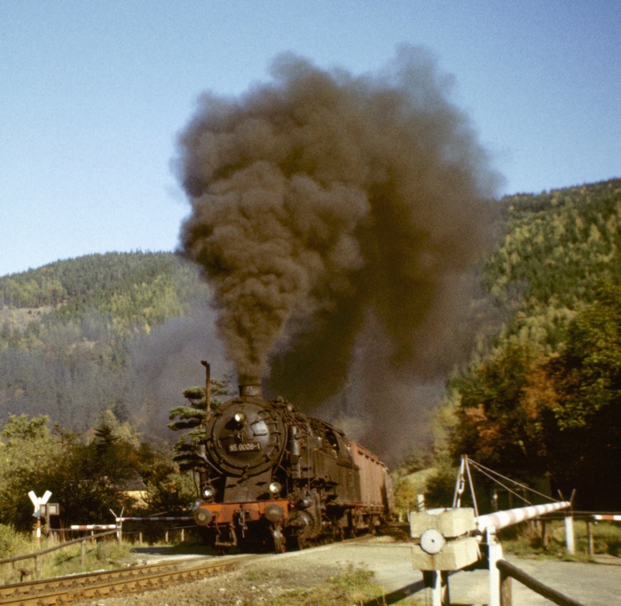 95&nbsp;0009 Güterzug Richtung Probstzella an der Einfahrt von Hockeroda, am 12.10.1976