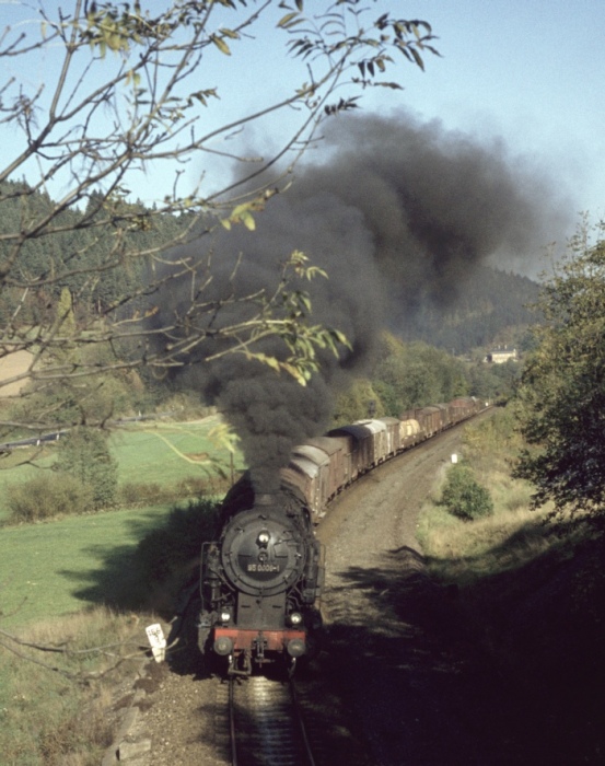 95&nbsp;0009 Güterzug Richtung Probstzella bei Unterloquitz, am 12.10.1976