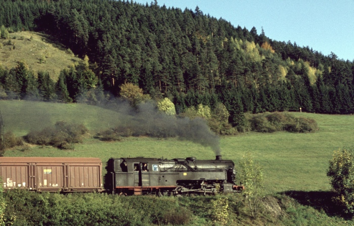 95&nbsp;0009 Güterzug Richtung Probstzella bei Marktgölitz, am 12.10.1976