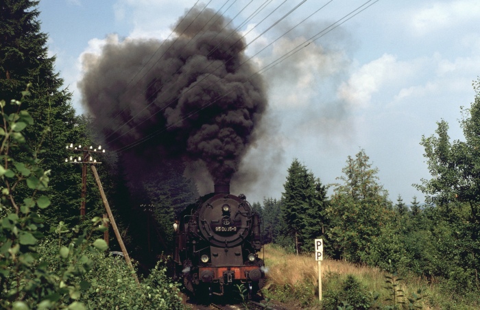 95&nbsp;0005 mit Güterzug aus Probstzella vor Ernstthal, am 22.08.1978