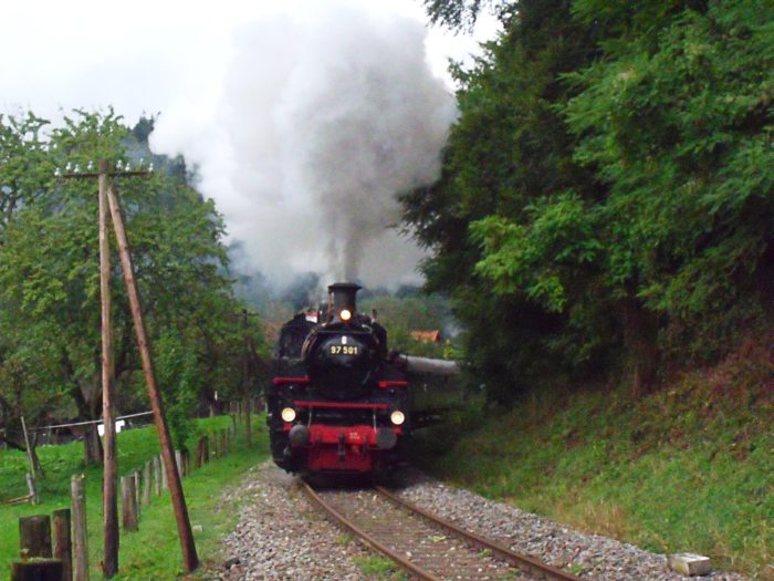 97&nbsp;501 mit Zug Schorndorf ->Welzheim hinterm Strümpfelbachtal -Viadukt am Stzeinbacher Bauernhof, um 16:46h am 15.09.2013. (Diesel-Schublok: 212&nbsp;084)