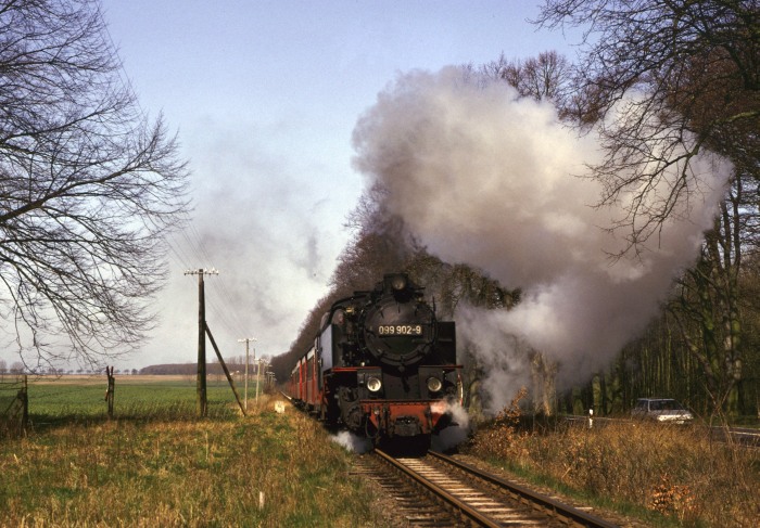 099&nbsp;902 mit P&nbsp;14141 an der Allee zwischen Heiligendamm und Bad&nbsp;Doberan, exakt dort, wo später wieder das Ausweichgleis am Haltepunkt Rennbahn installiert wurde, um 10:55h am 20.04.1992