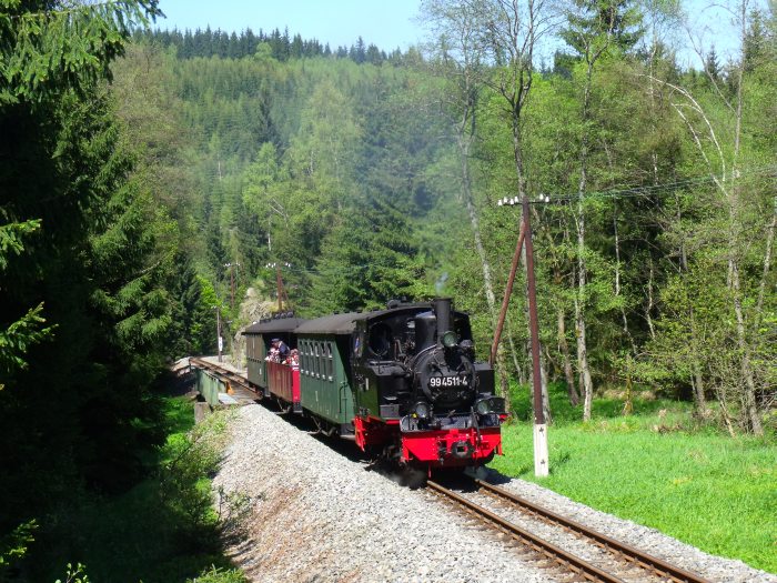 99&nbsp;4511 mit Zug Nr.49 hinter Metallbrücke übers Schwarzwasser hinterm Loreleifelsen vor Schlössel, um 14:05h am 19.05.2013