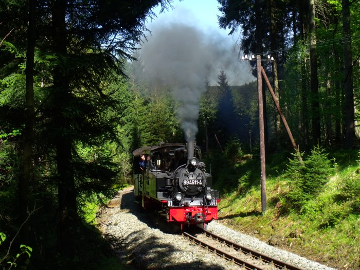 99&nbsp;4511 mit Zug Nr.53 in der Kurve im Schwarzwassertal zwischen Schmalzgrube und Schlössel bei Strecken -Kilometer&nbsp;20,2, um 16:02h am 19.05.2013