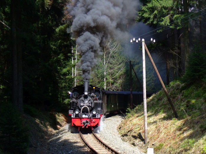 99&nbsp;4511 mit Zug Nr.15 auf der Preßnitztalbahn (4&nbsp;Wagen) in der Kurve im Einschnitt zwischen Schmalzgrube und Schlössel (Schwarzwassertal) bei km&nbsp;20,2, um 15:30h am 30.04.2017