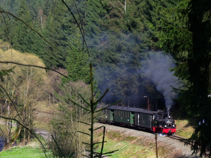 99&nbsp;4511 mit Zug Nr.17, aufgenommen vom Waldhang in der großen weiten Kurve im Schwarzwassertal, weit oberhalb von Schmalzgrube, um 17:29h am 30.04.2017