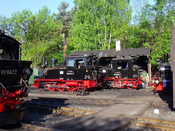 99&nbsp;1542, 99&nbsp;4511, 99&nbsp;1568 und AQUARIUS&nbsp;C vorm Lokschuppen in Jöhstadt, um 8:10h am 26.05.2012